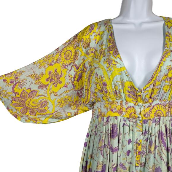 Hemant & Nandita Maxi Dress Women’s Size Medium Green Floral V-Neck Boho Style - Picture 5 of 15